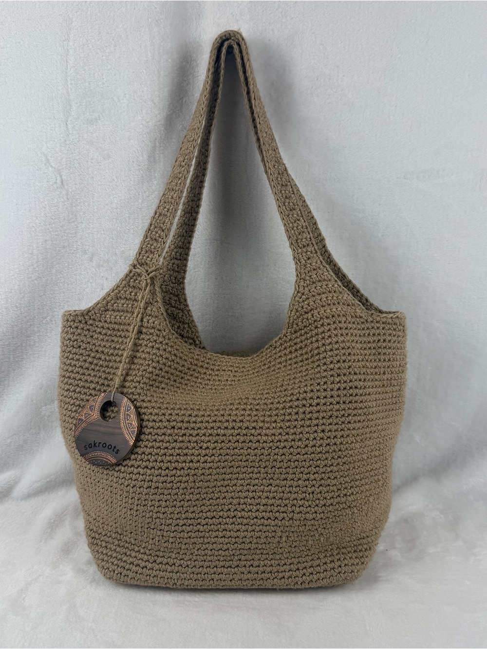 Sakroots Crochet Bucket Hobo Shoulder Bag Tan Bamboo Yarn Boho Purse